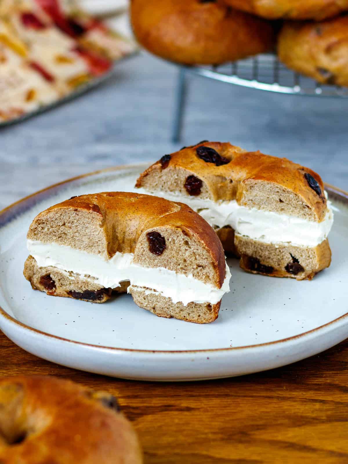 Raisin bagels filled with cultured cashew cream cheese.