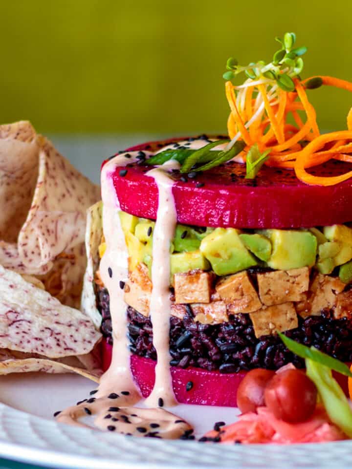 Tofu poke stack with red dragonfruit and avocado.