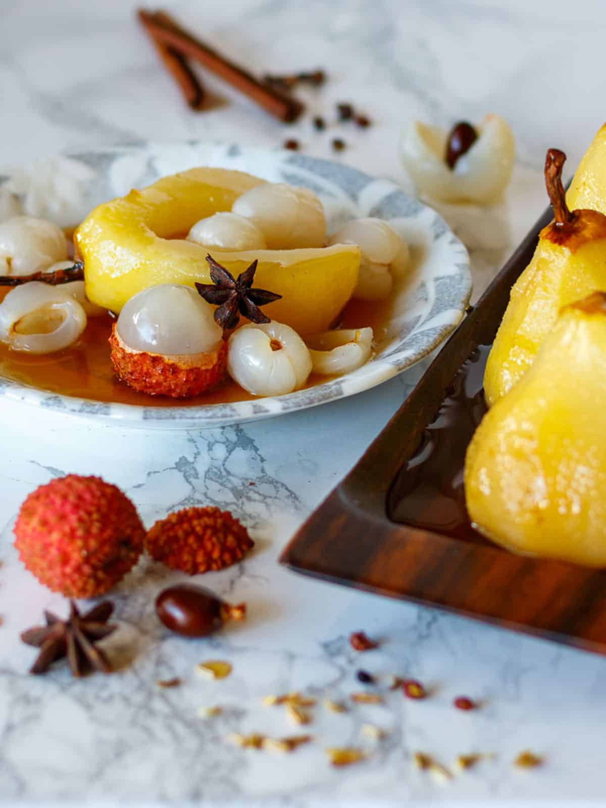 Pear poached in five spice syrup with chilled lychee.