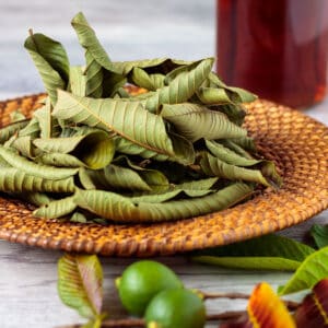 Stack of dried guava leaves on a basket.