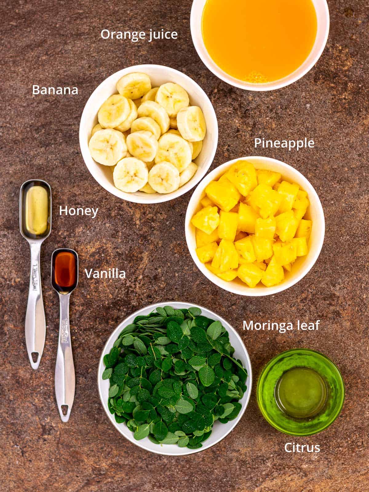 Ingredients for moringa superfood frozen drink.