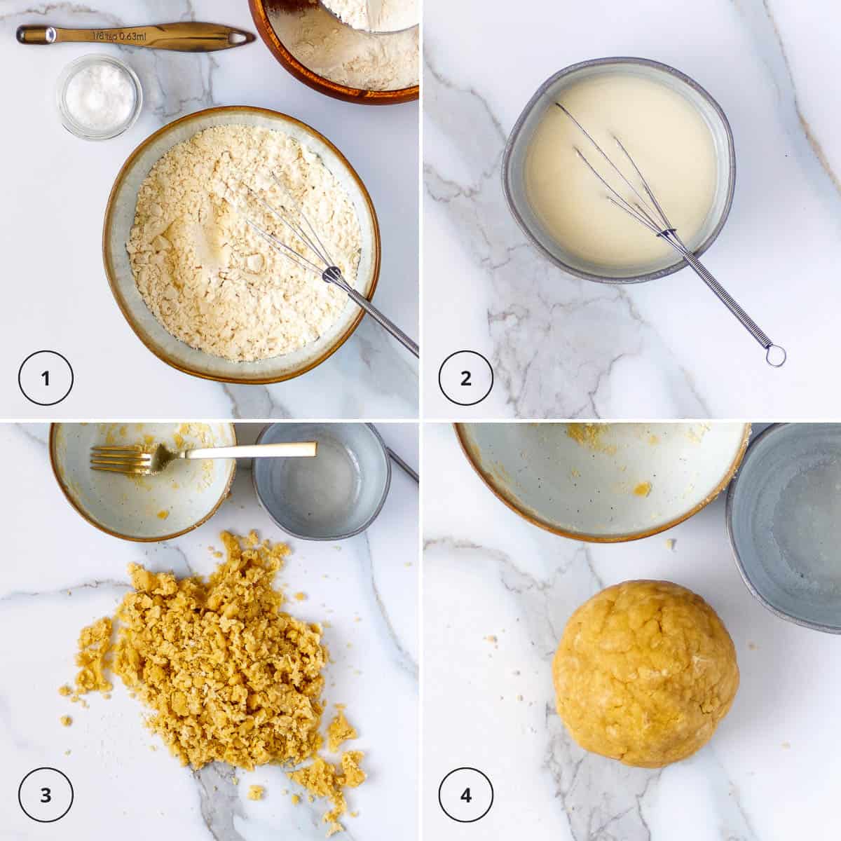 Whisk flour, whisk milk and oil, mix pastry with fork and shape a ball.,