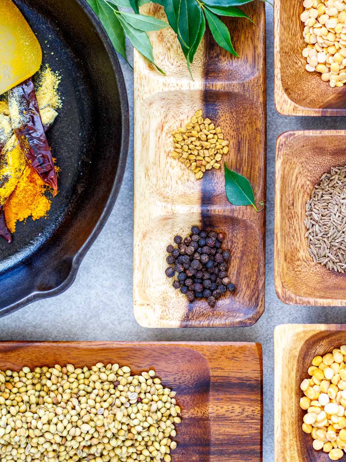 Whole spices and dried chilis are pan toasted for sambar spice mix.