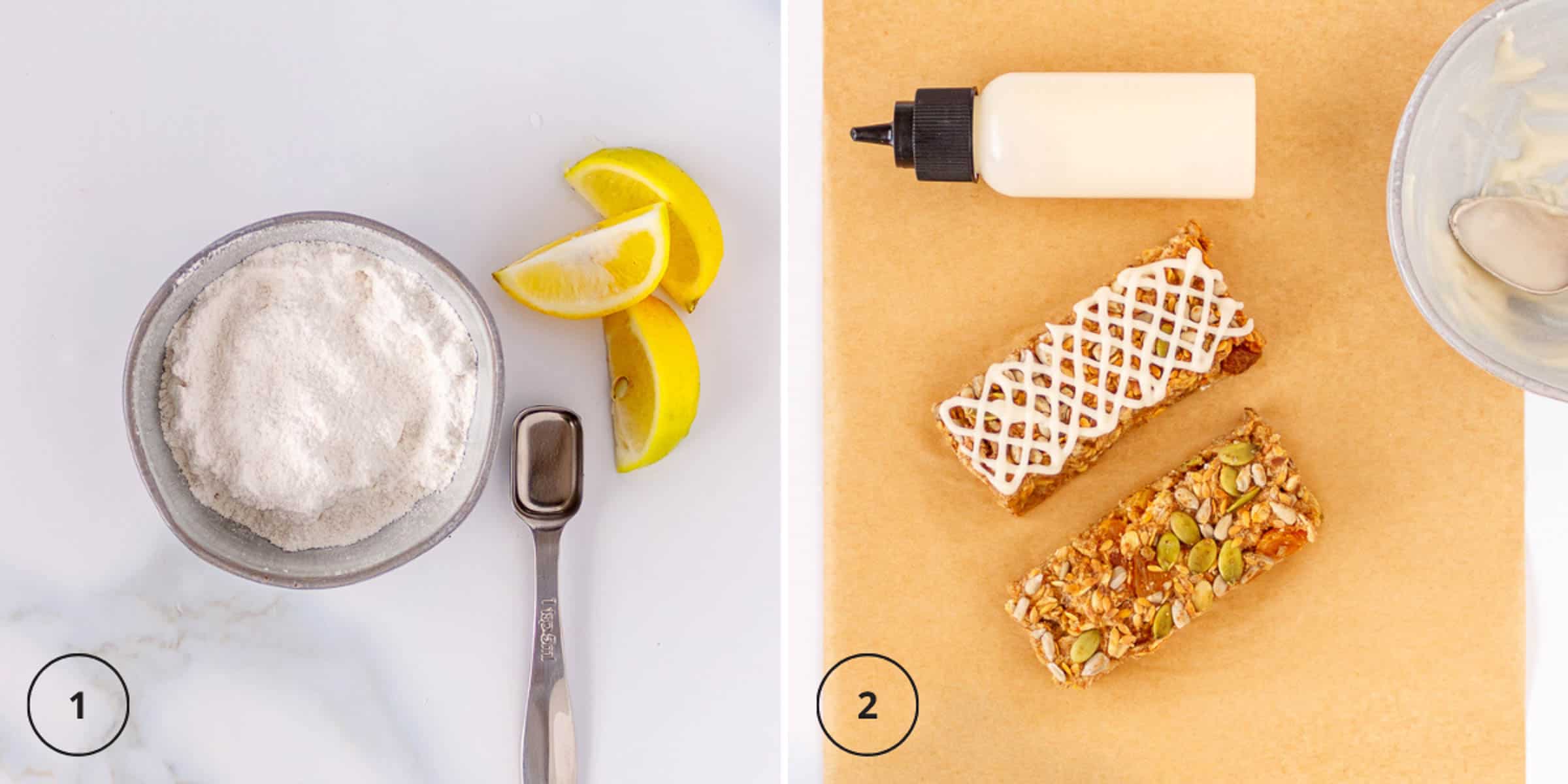 Make frosting with powdered sugar and lemon juice, than decorate oat bars.