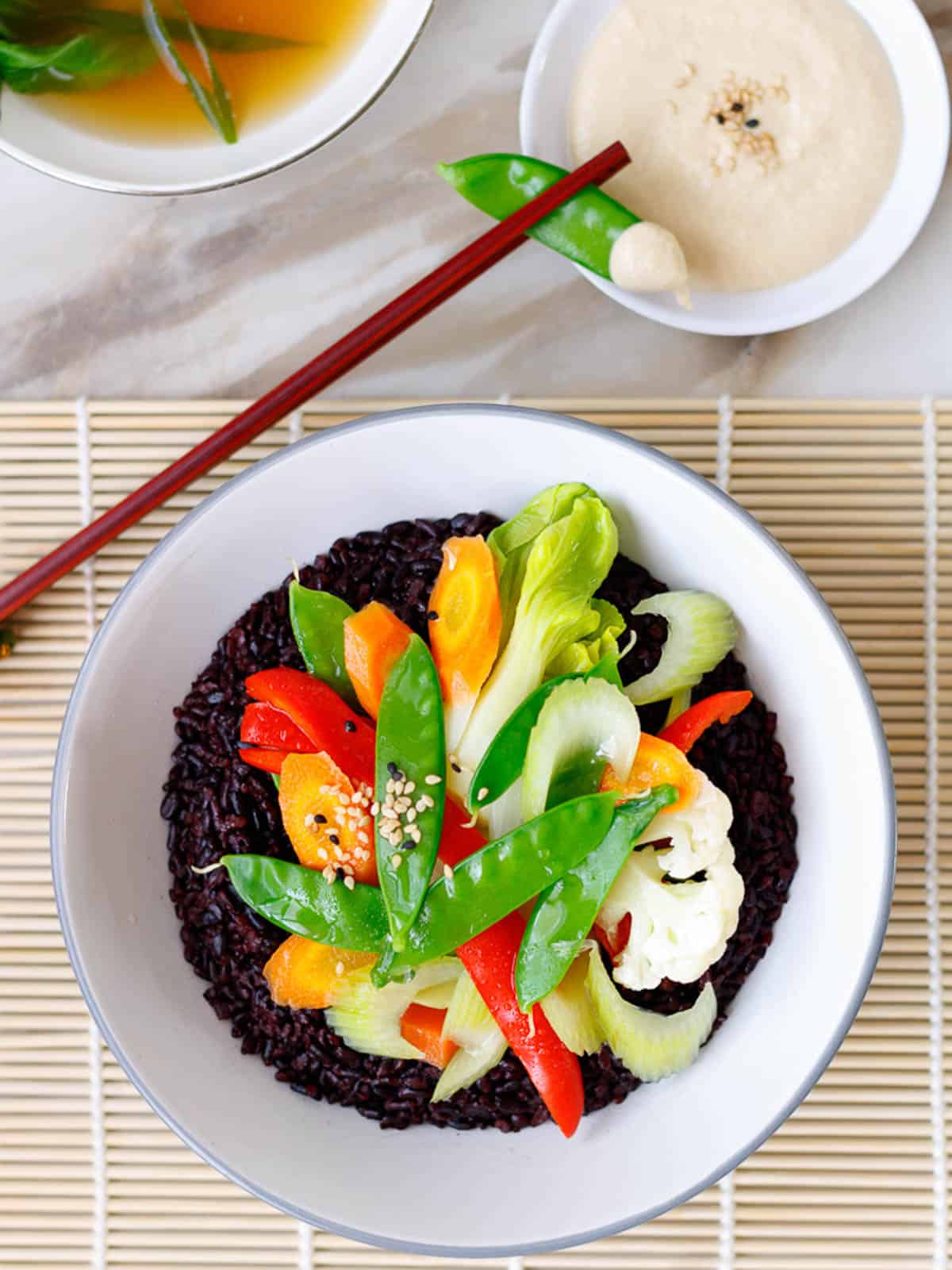 Superfood black rice with Shabu vegetables and dipping sauce.