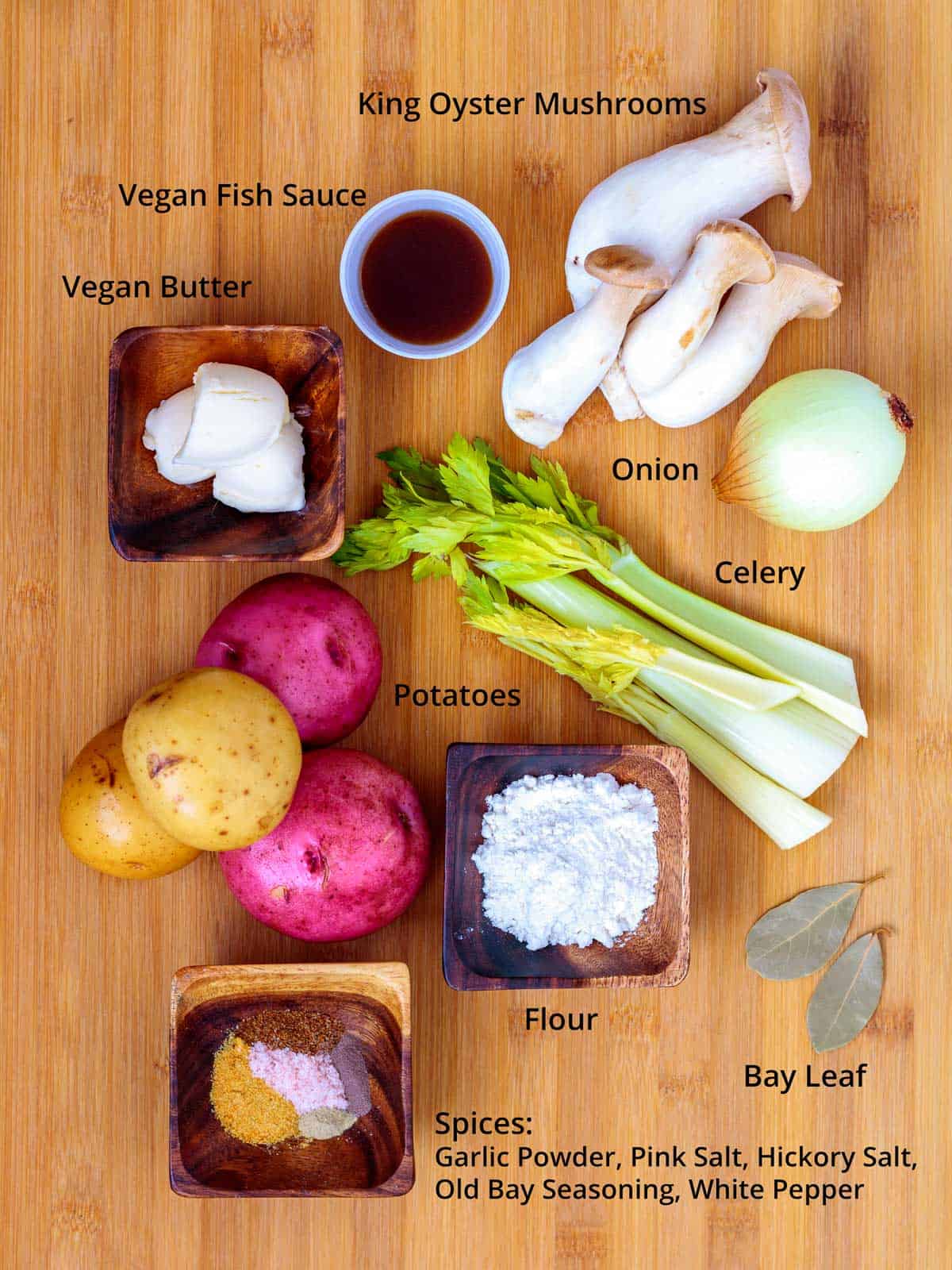 Essential ingredients for vegan clam chowder.