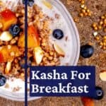 Bowl of kasha for breakfast with blueberries and sliced almonds.