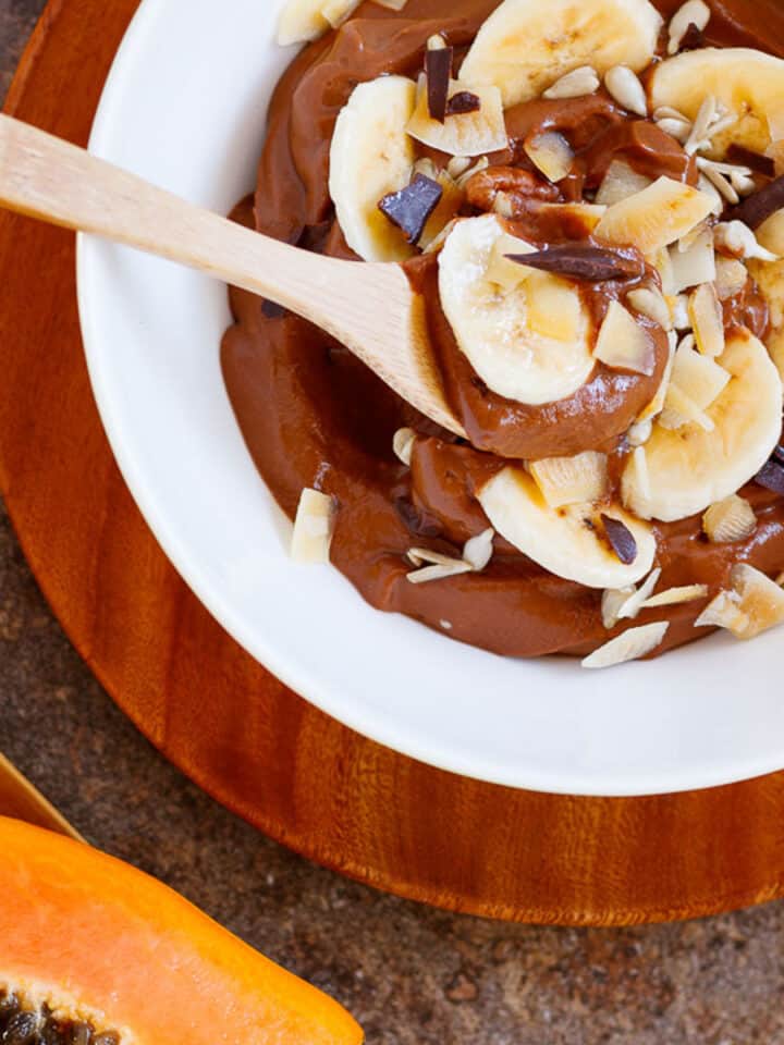 Chocolate pudding breakfast bowl make with whole foods.