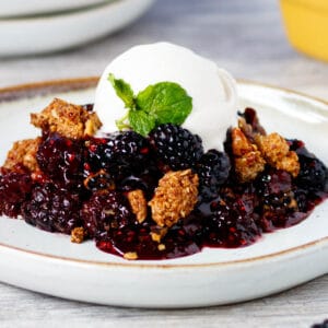 Plate of blackberry crumble with ice cream melting over the top.