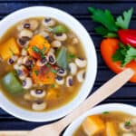 Smoky vegan black eyed pea stew with peppers and squash.