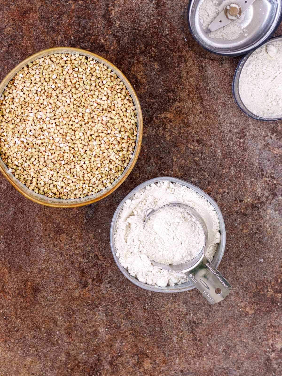 Grind whole raw buckwheat groats for gluten free flour.