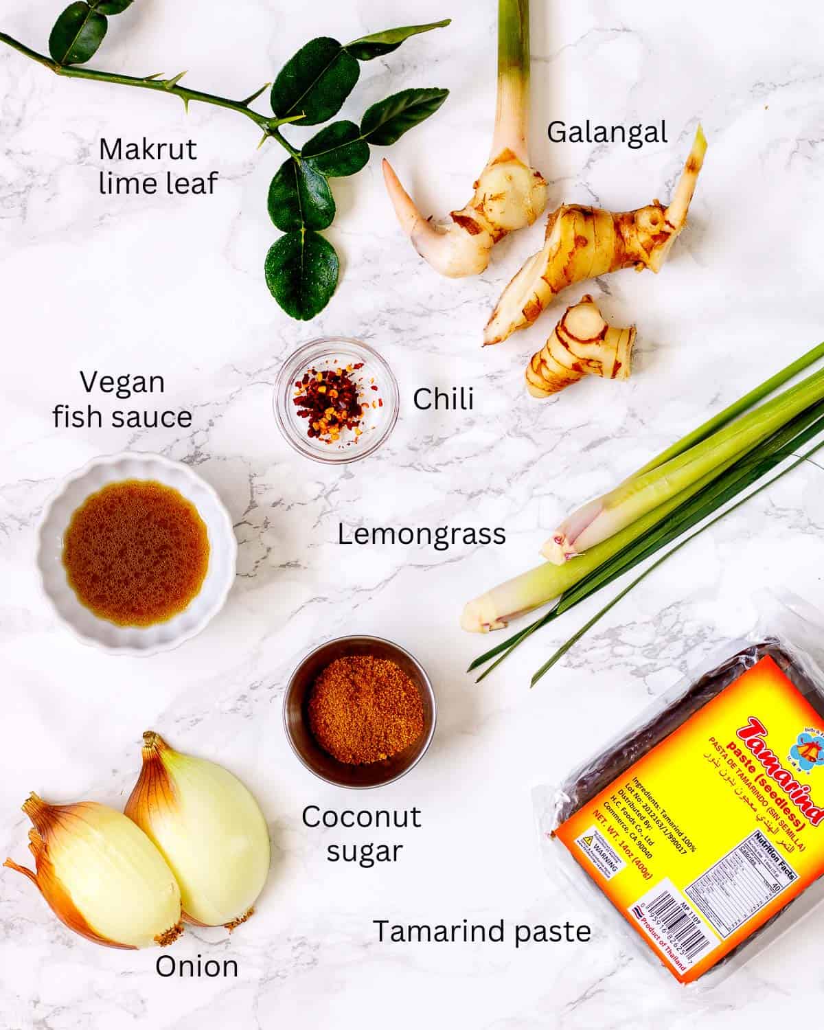 Makrut lime, tamarins, lemongrass, coconut sugar, vegan fish sauce and galangal.