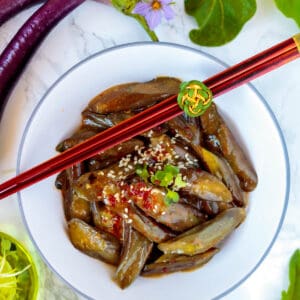 Japanese eggplant side dish in maple miso sauce.