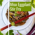 Bowl of glistening fired eggplant glazed with maple miso sauce.