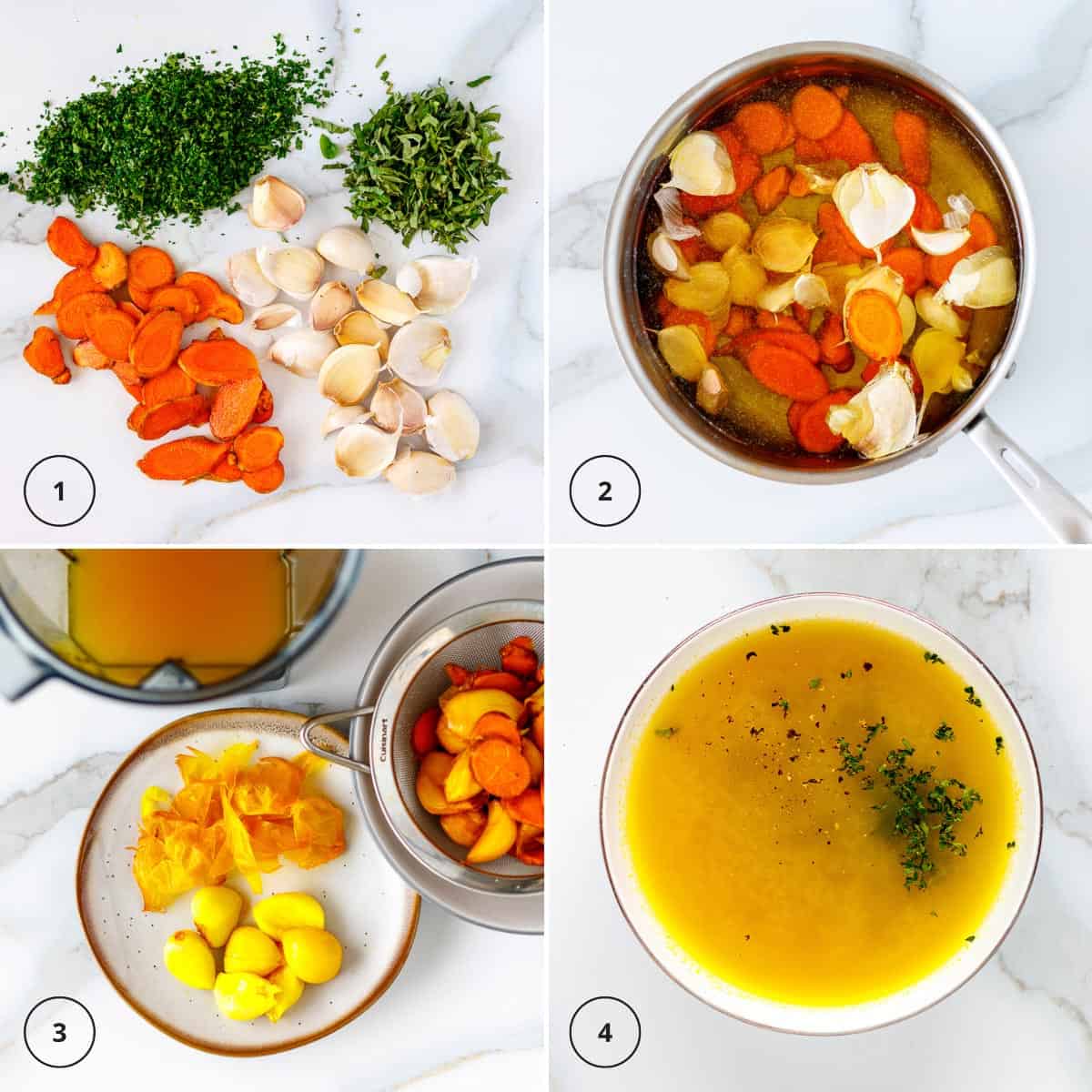 Boil turmeric and garlic , blend and stir in herbs with seasonings to make broth.