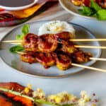 Hawaiian barbecue sauced seitan skewers with coconut rice.