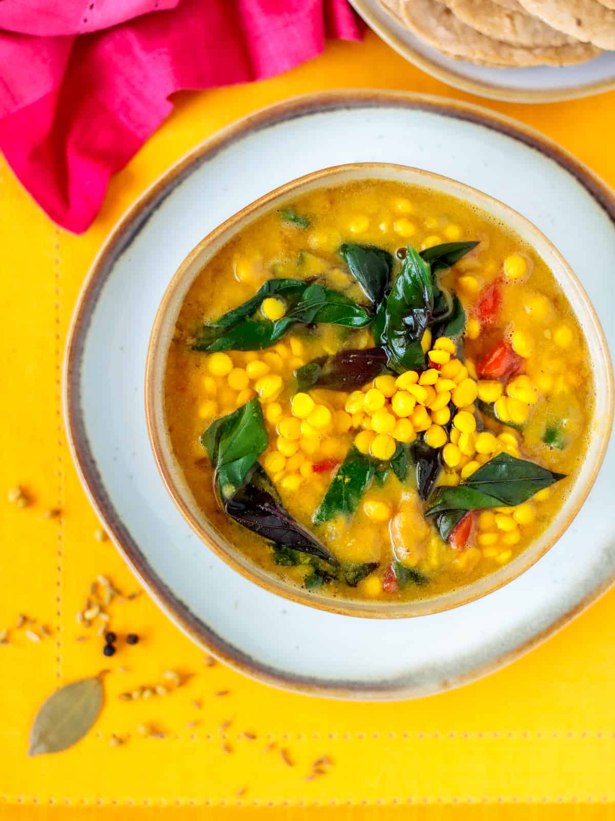 Bowl of palak chana dal with homemade masala.