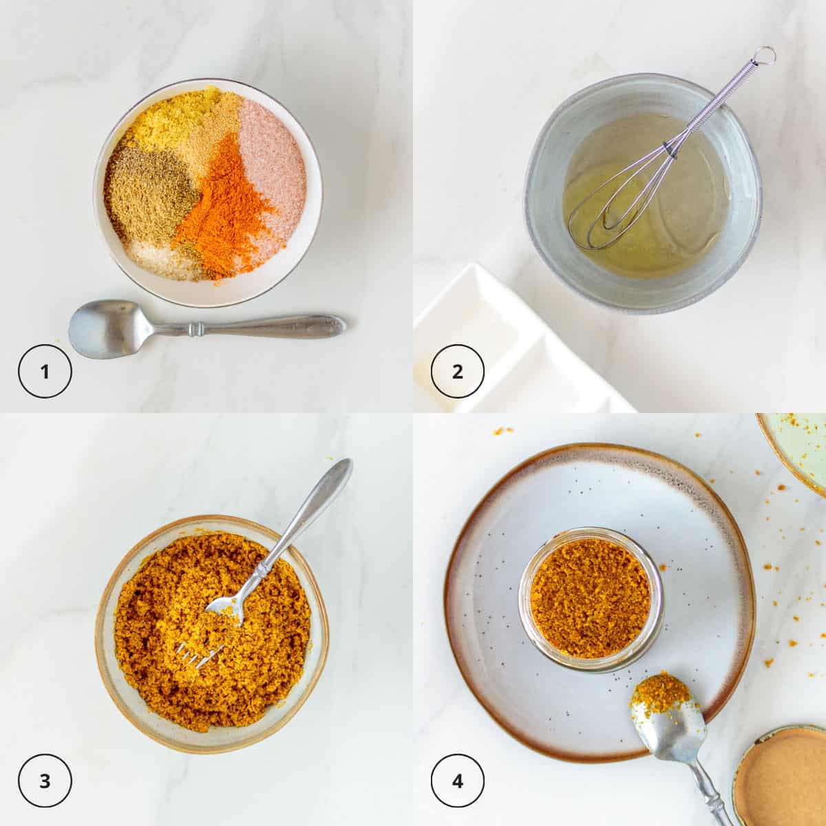 Mix spices and salt, whisk liquids and combine for seasoning mix.