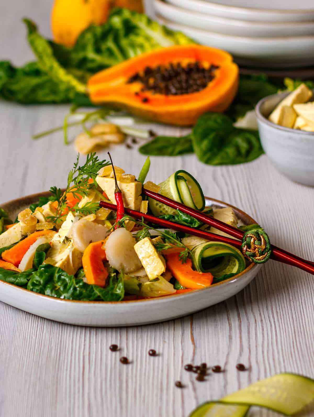 Mock chicken papaya salad with water chestnuts and cilantro-lime dressing.