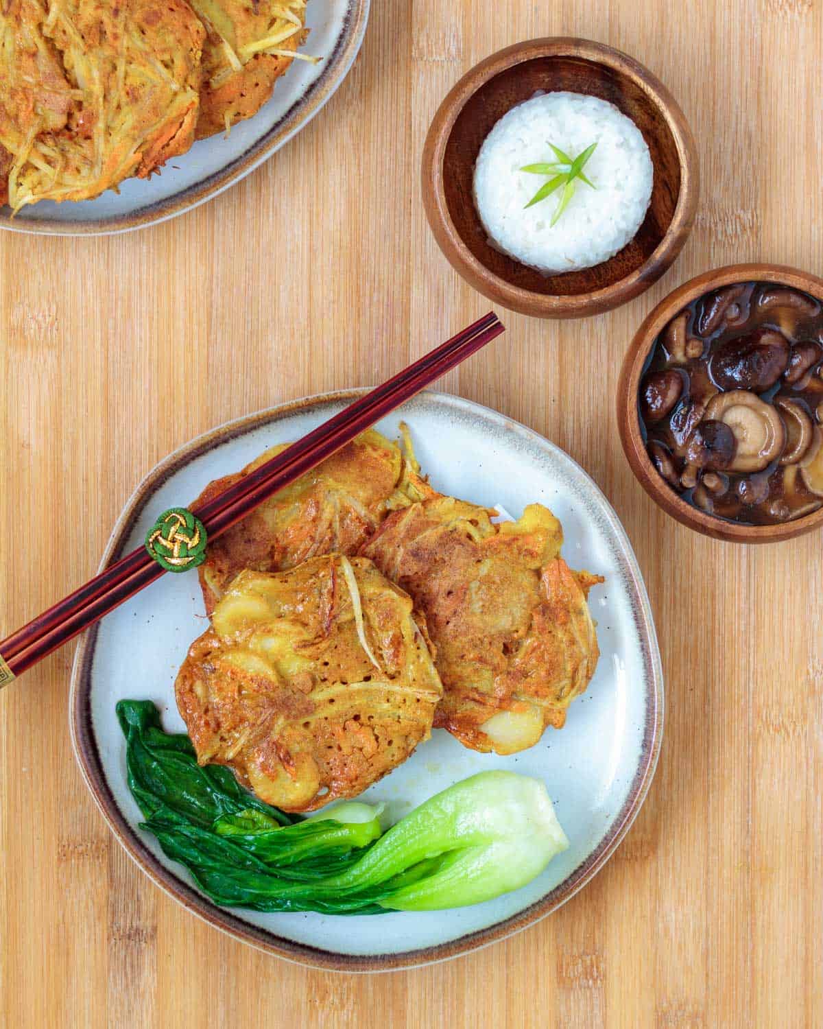 Pan-fried vegan egg foo young.