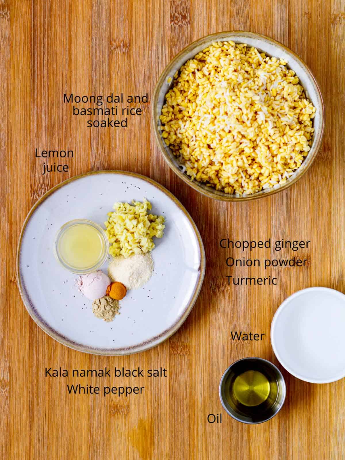Soaked moong da, basmati rice, and eggy flavor seasonings.