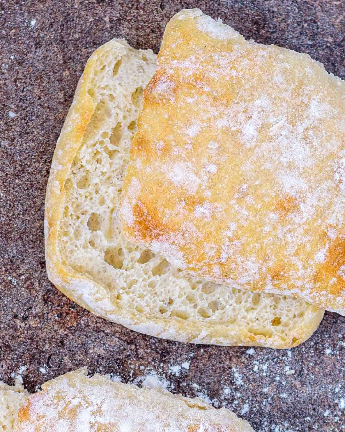 Ciabatta bun with lorts of airy nooks and crannies.