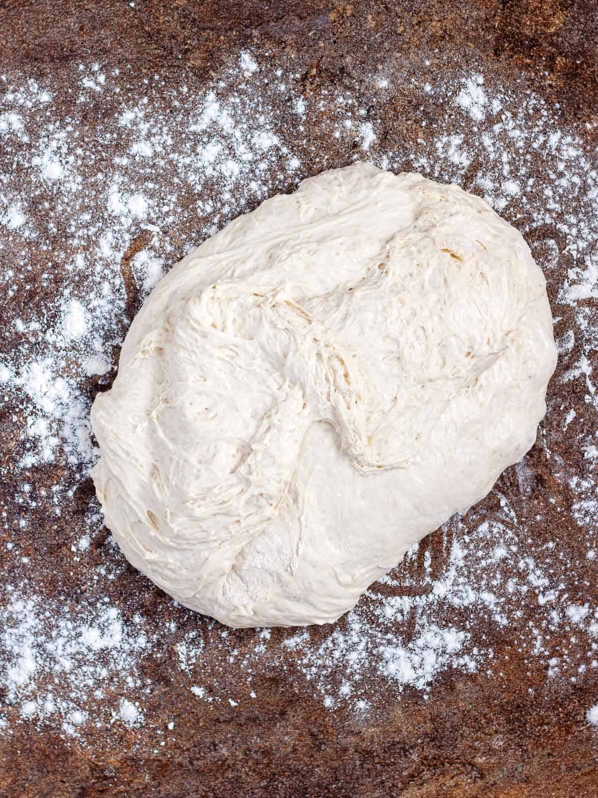 Soft no knead bread dough is high hydration.