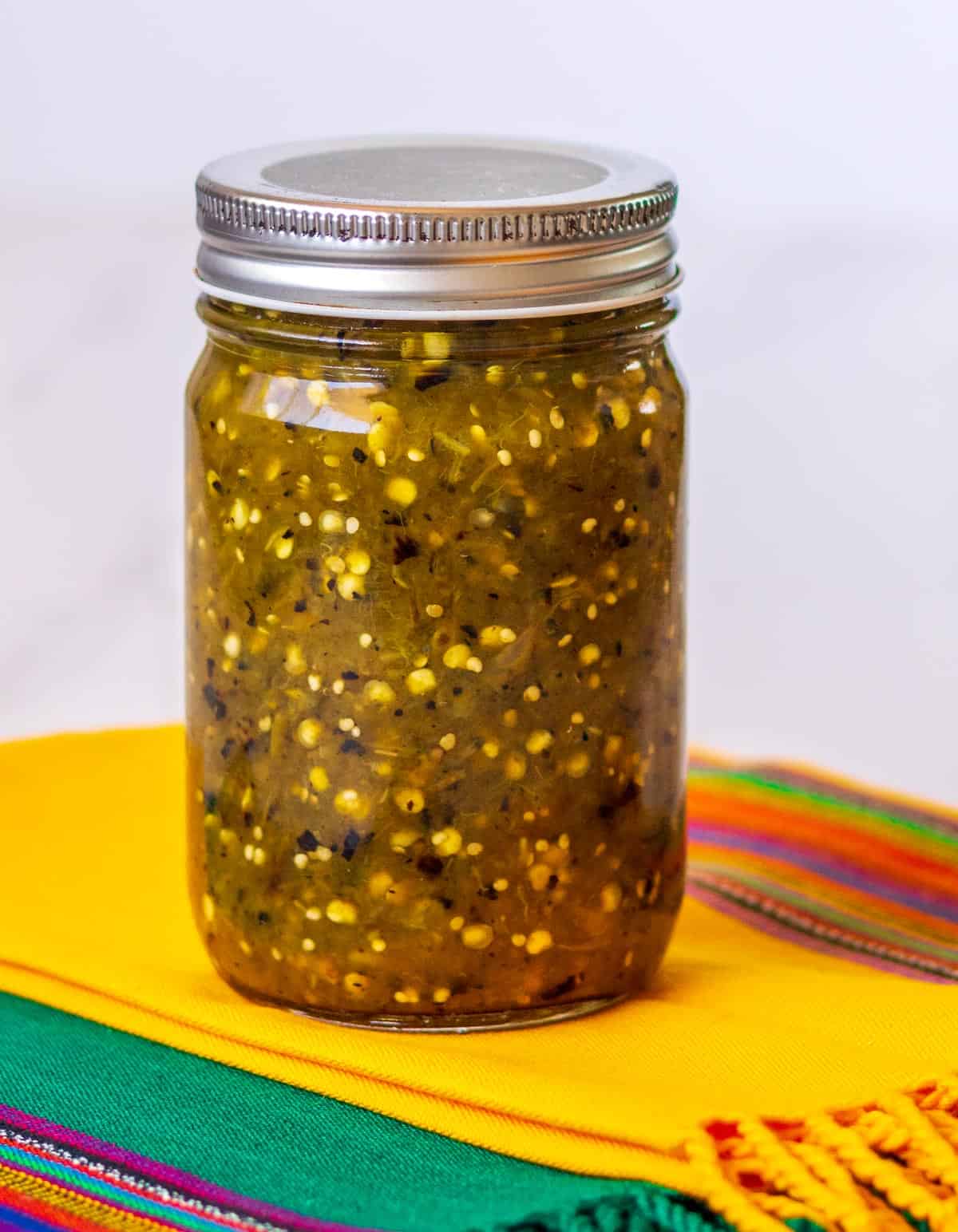 Fire roasted green salsa packed in jar.
