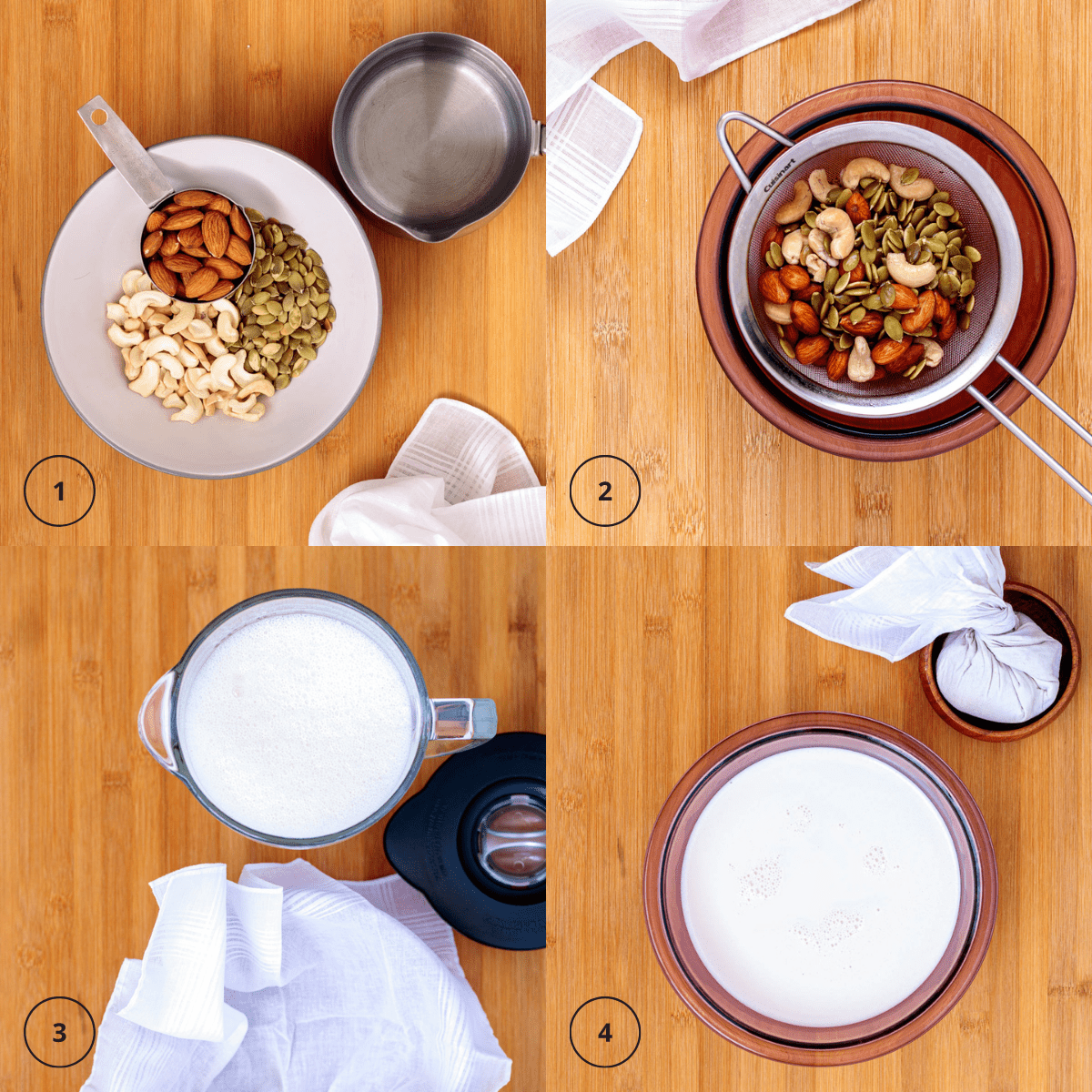 Soak nuts and seeds, blend and strain for rich, homemade nut milk.