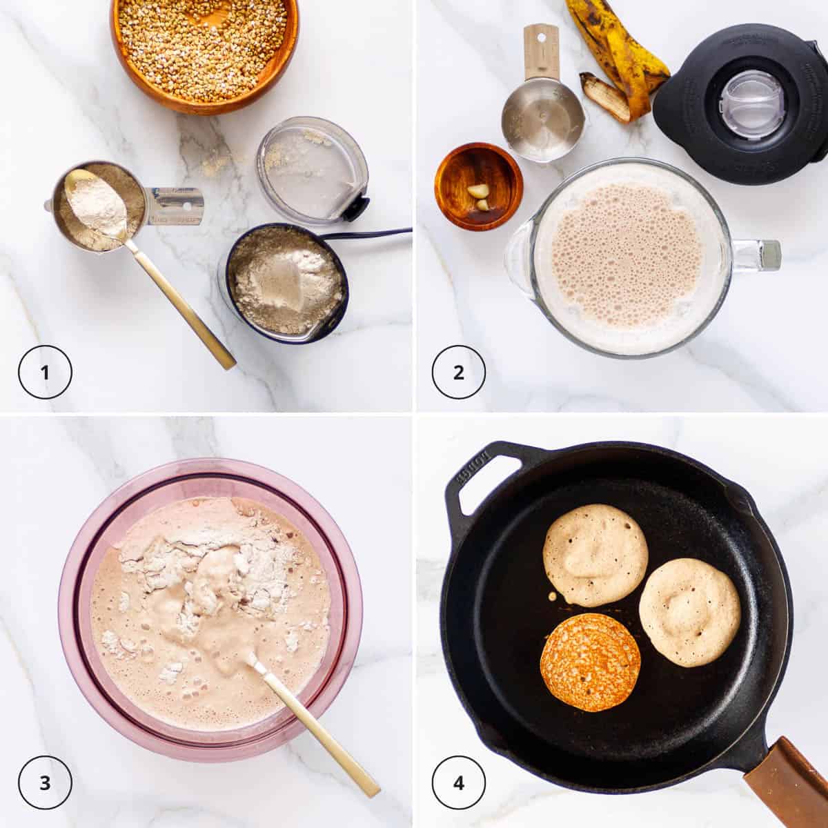 Grind buckwheat, blend with macadamia nuts and banana, mix batter and fry pancakes.