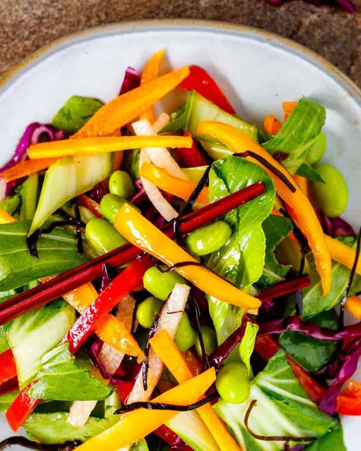 Rainbow salad with bok choy, red and yellow peppers, sea weed and jicama.