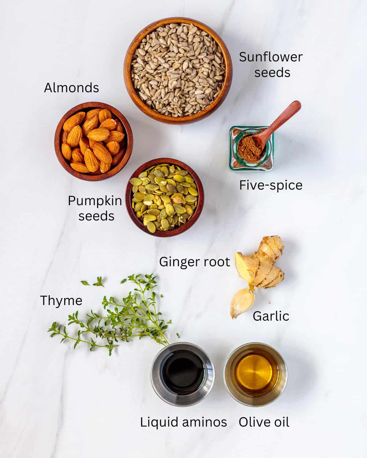 Sunflower seeds, pumpkin seeds, almonds, olive oil and seasonings.