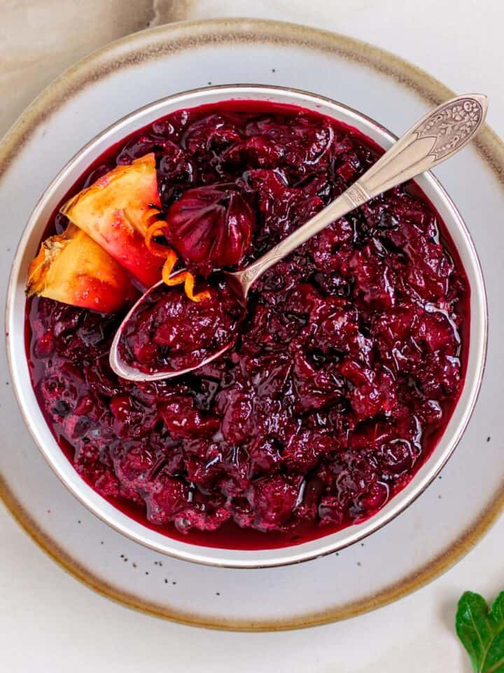 Bowl of Florida cranberry sauce made with roselle hibiscus.