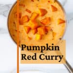 Pan with coconut pumpkin red curry and Pinterest text overlay.