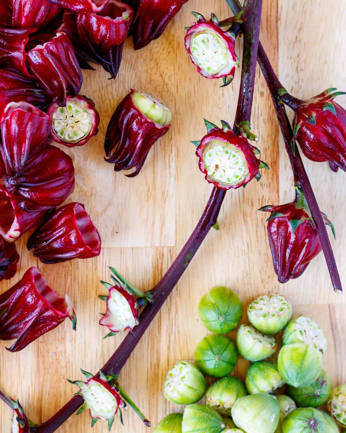 Roselle calyces have round green seed pods.