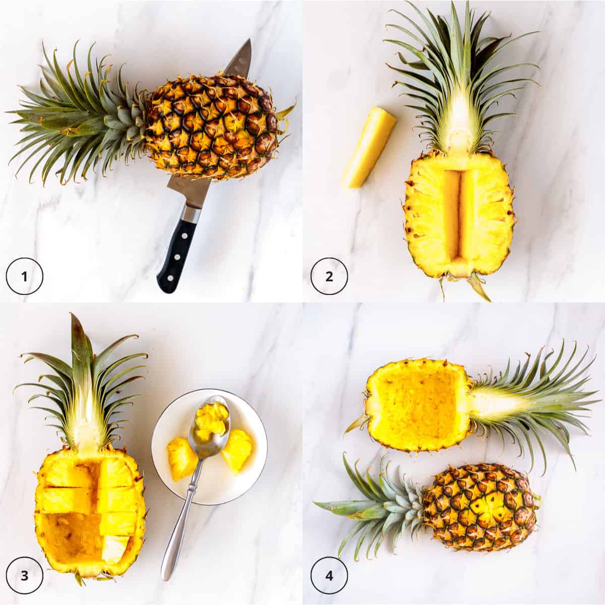 Four steps to cut and hollow a pineapple shell bowl for salsa.