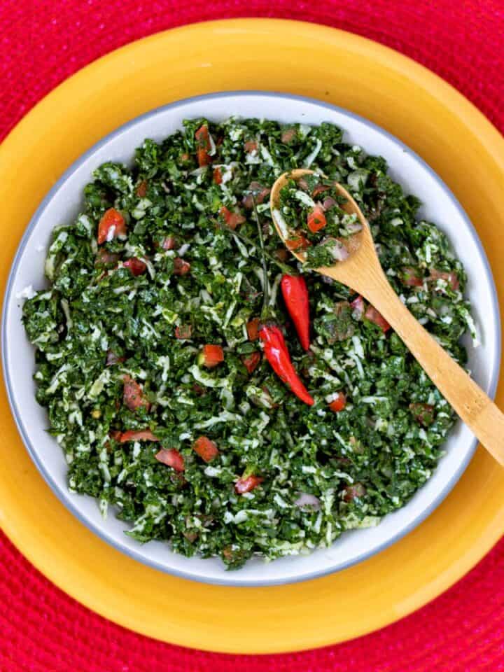 Finely chopped herb salad made with gotu kola, chilies, lime and fresh coconut.