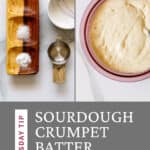 Graphic illustrating how to leaven sourdough crumpets.