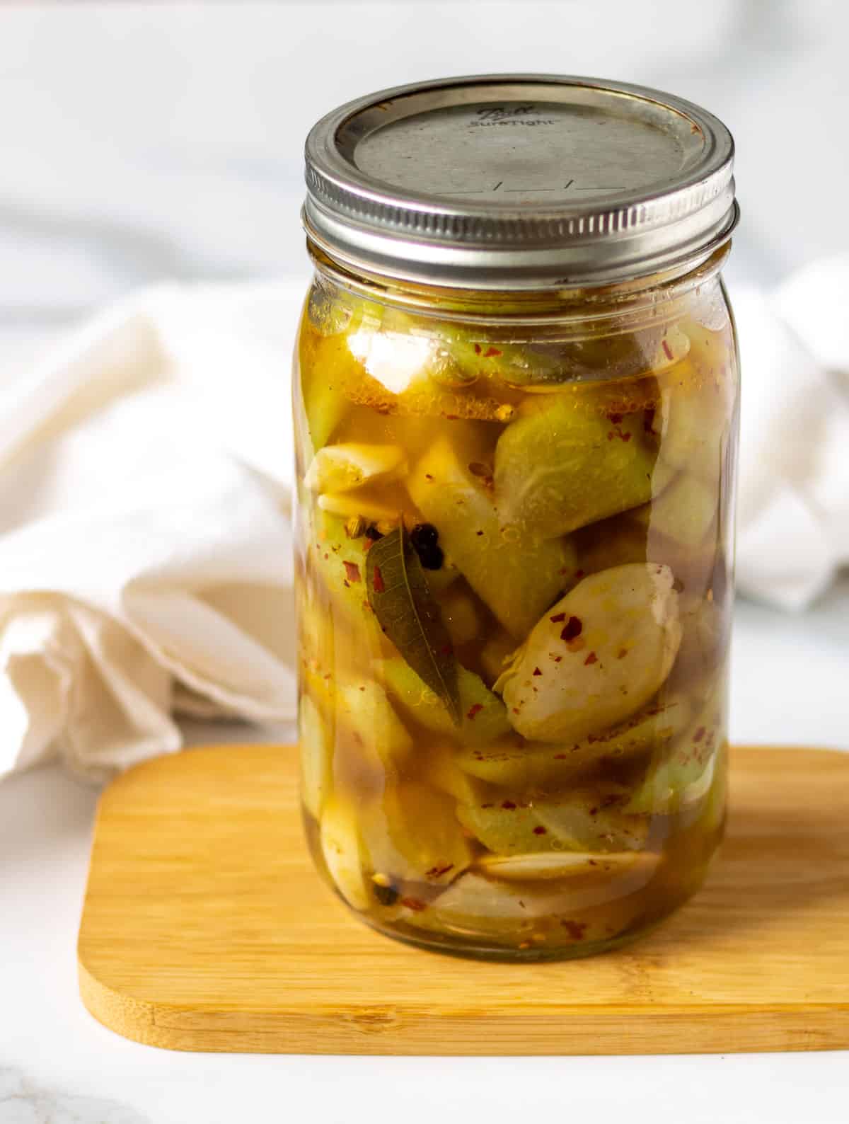 Jar of marinated chayote substitue for artichoke hearts.