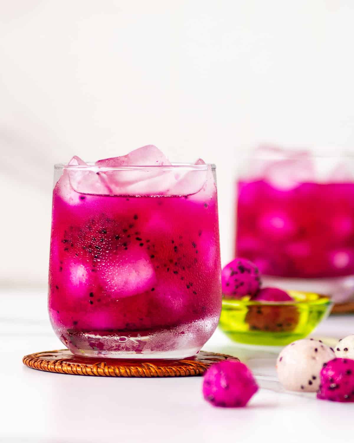 Vibrant pink tropical fruit juice recipe.