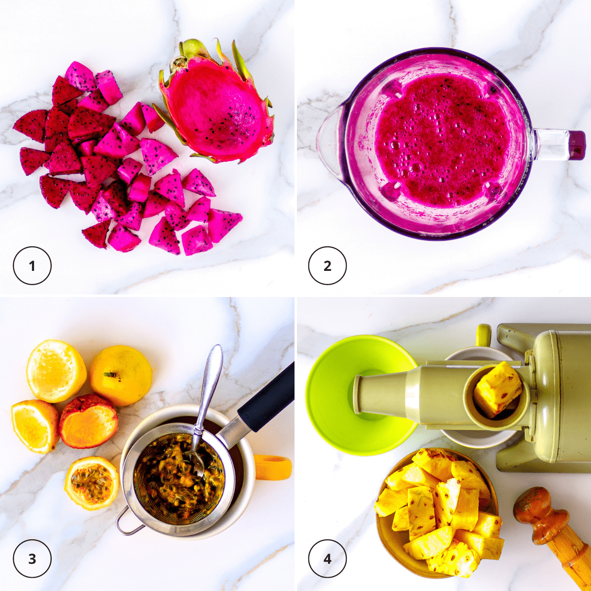Cut , blend, strain and juice fruits.ion and pineapple juices.