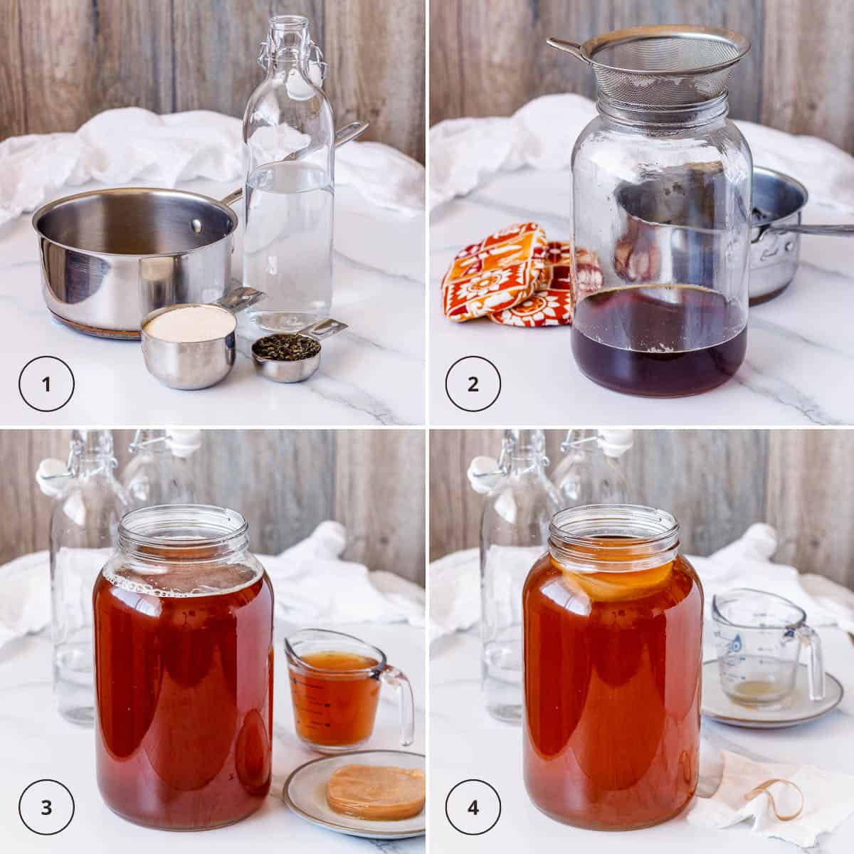 Boil water with sugar and tea, cool and add SCOBY to brew kombucha.