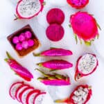 Dragon fruit cut into a variety of shapes.