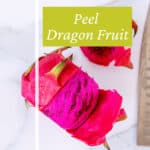 Whole dragon fruit with peel partially removed.