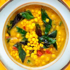 Bowl of masala spiced palak dal with vegetables.