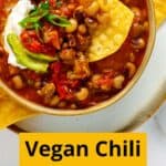 Chunky vegan chili with plant-based beef.